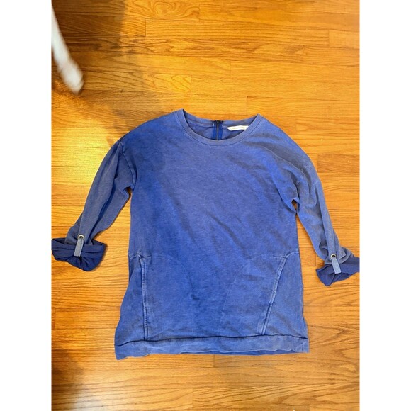 Soft Surroundings Tops - Soft Surroundings Blue Solid Crew Neck Knit Sweatshirt 3/4 Sleeve Zip Back L